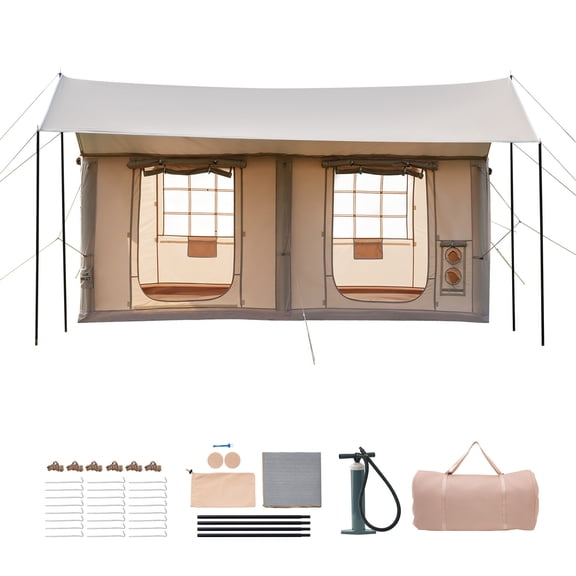 KFFKFF Inflatable Camping Tent for 5-8 People with Pump Beige, Ideal for Family Outdoor Adventures, Durable Waterproof 420D Oxford Fabric, Quick Setup Air Tent with Skylight, Canopy, Stove Jack
