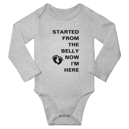 

Started from the Belly Now I m Here Funny Baby Long Sleeve Romper Boy Girl Unisex (Gray 12-18M)