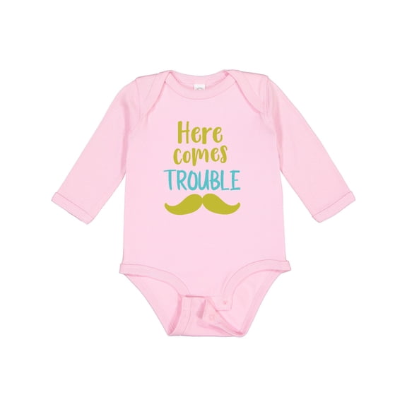 Inktastic Here Comes Trouble, Mustache, Moustache Boys or Girls Long Sleeve Baby Bodysuit