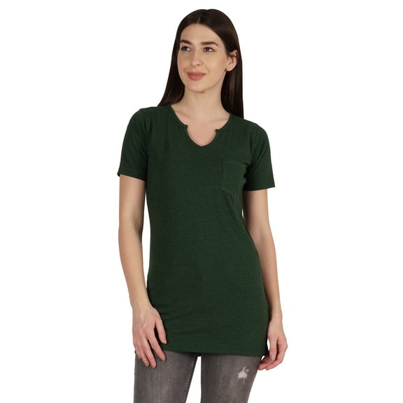 Inkmeso Long Length Notch Neck Top For Women Basic Cotton Tee Shirt w/ Pocket Patch Legging Top