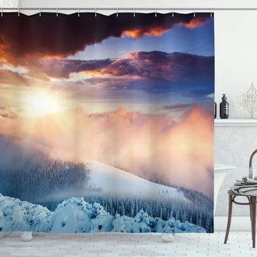 Ambesonne Winter Shower Curtain, Carpathia Ukraine Europe, 69"Wx75"L, Peach White Blue