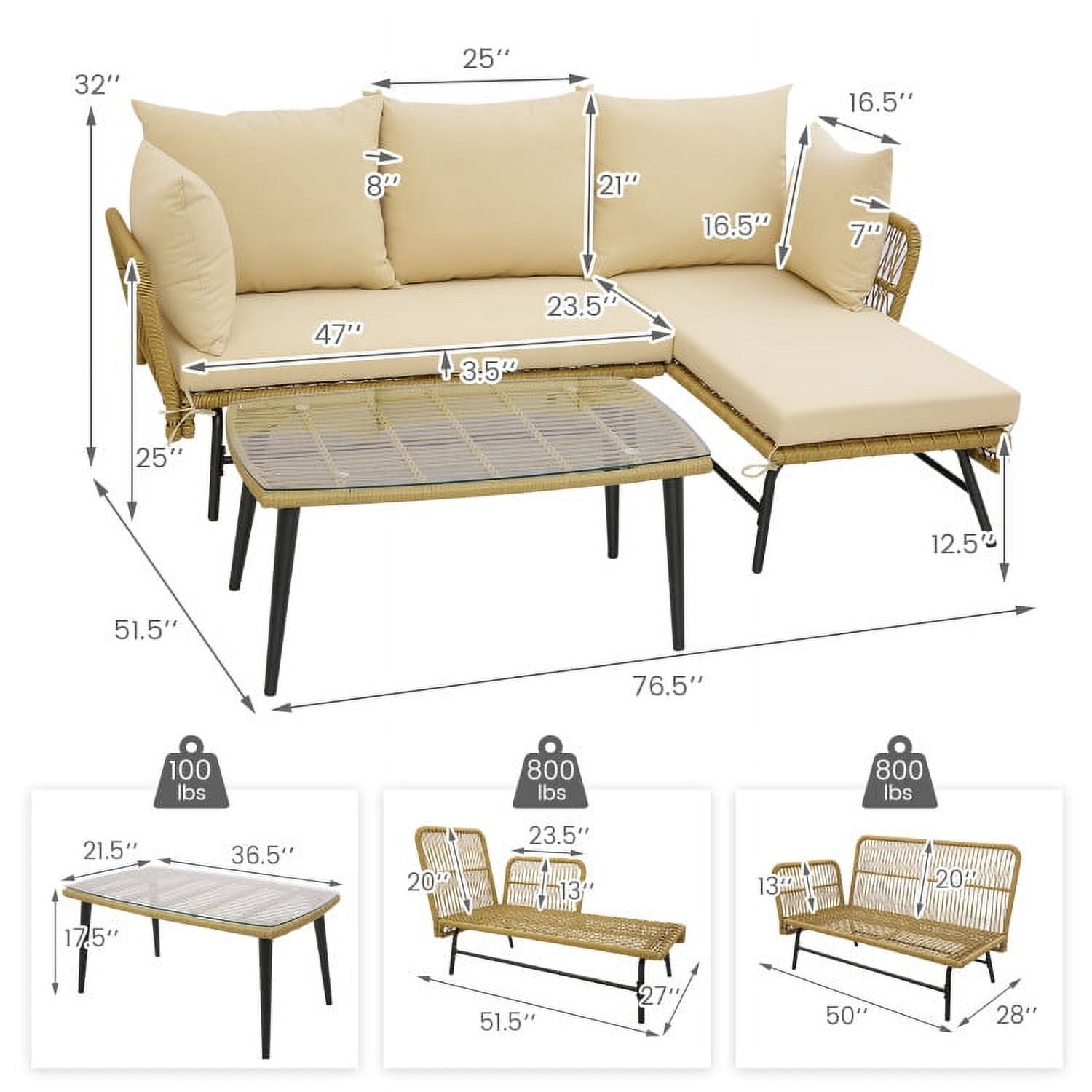 Aimee Lii 3 Pieces L-Shaped Patio Sofa with Cushions and Tempered Glass Table, Outdoor Patio Set, Beige Aimee Lii 3 Pieces L-Shaped Patio Sofa with Cushions and Tempered Glass Table, Outdoor Patio Set, Beige