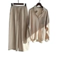 thumbnail image 1 of Conjunto casual de 2 piezas de blusa de algodón y lino de manga larga con botones + pantalones de pierna ancha para mujer, 1 of 2