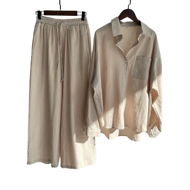 Conjunto casual de 2 piezas de blusa de algodón y lino de manga larga con botones + pantalones de pierna ancha para mujer