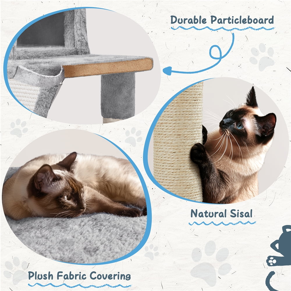 Yaheetech 40″ Multi-Level Cat Tree with Condo, Basket & Hammock, Light Gray