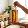 thumbnail image 6 of 10.5" Medium Moroccan Lantern Candle Holder – Gold with Amber Glass, Metal Decorative Lamp for Indoor/Outdoor Patio or Porch Use, Home Decor, Ramadan, Weddings, 6 of 11