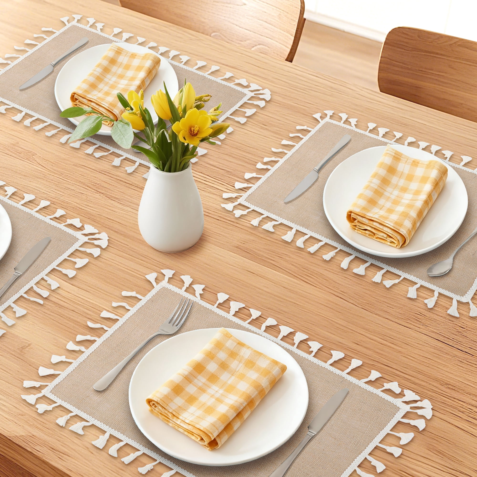 Unique Bargains Farmhouse Placemats 6pcs Jute Placemats White Tassel 17.7"x11.8"