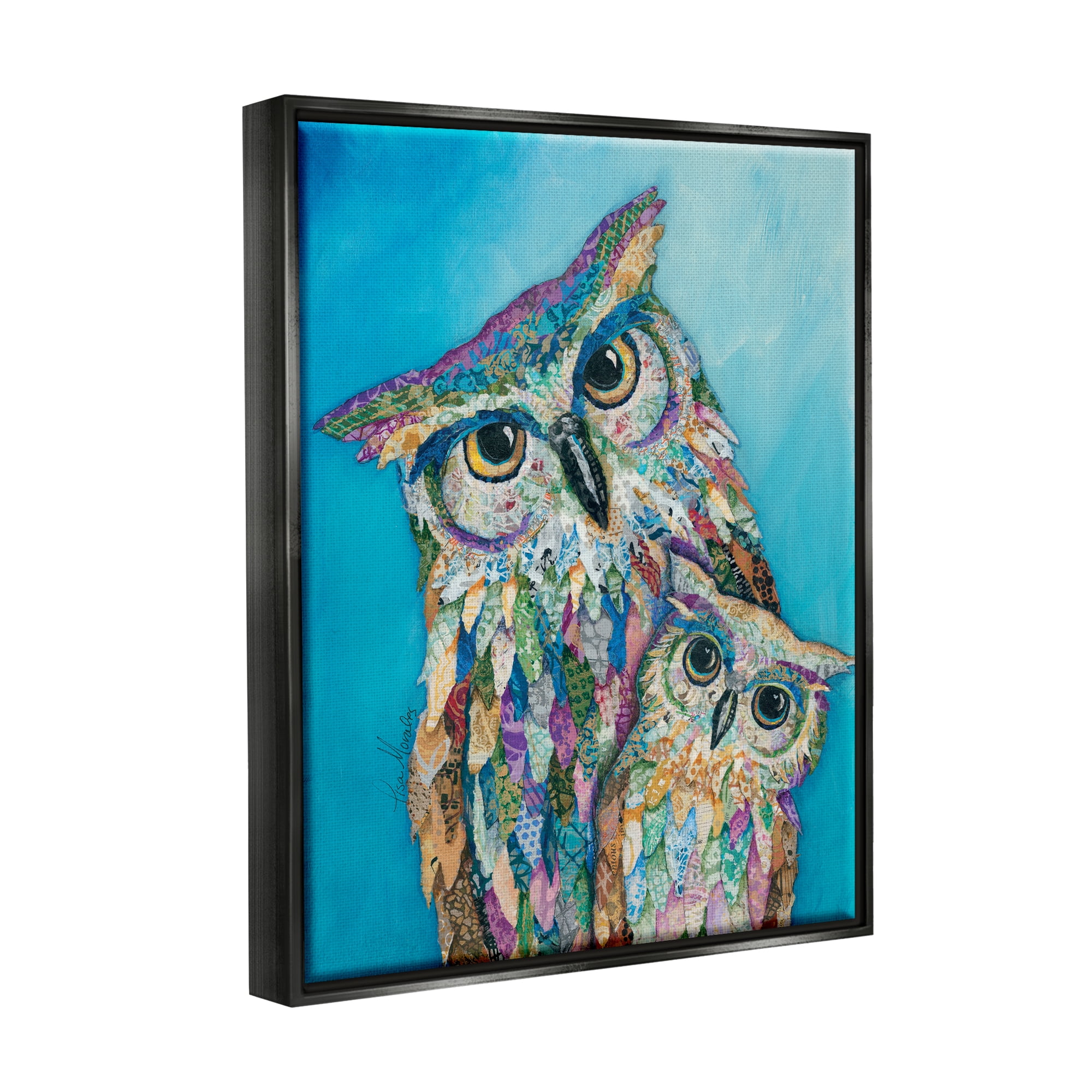 Stupell Industries Pair Wise Owls Varied Patterns Painting Collage Painting Jet Black Floating Framed Canvas Print Wall Art, Design by Lisa Morales