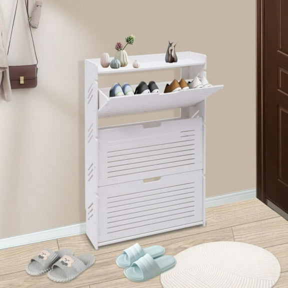 3 Tier PVC Shoe Cabinet for Entryway Modern Shoe Storage Rack with Flip Drawers