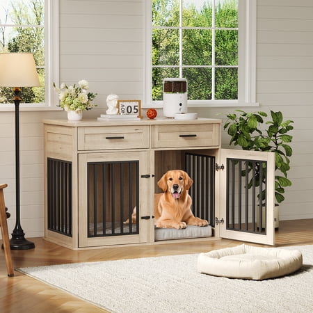 44.5" Wooden Dog Crate Furniture with Hook & Storage Drawers, Heavy-Duty Indoor Dog Kennel with Sliding Barn Doors, Decorative Pet House End Table for Medium & Small Dogs