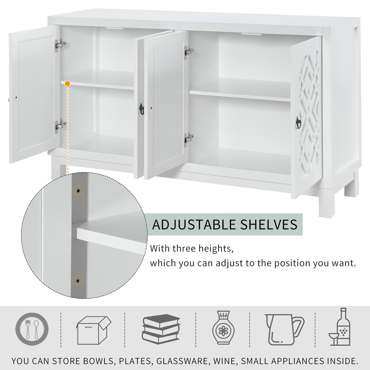 Kadyn Storage Sideboard Buffet Cabinet, 4 Door Sideboard with Pull Ring Handles, Kitchen Storage Cabinet for Living Room, White Kadyn Storage Sideboard Buffet Cabinet, 4 Door Sideboard with Pull Ring Handles, Kitchen Storage Cabinet for Living Room, White