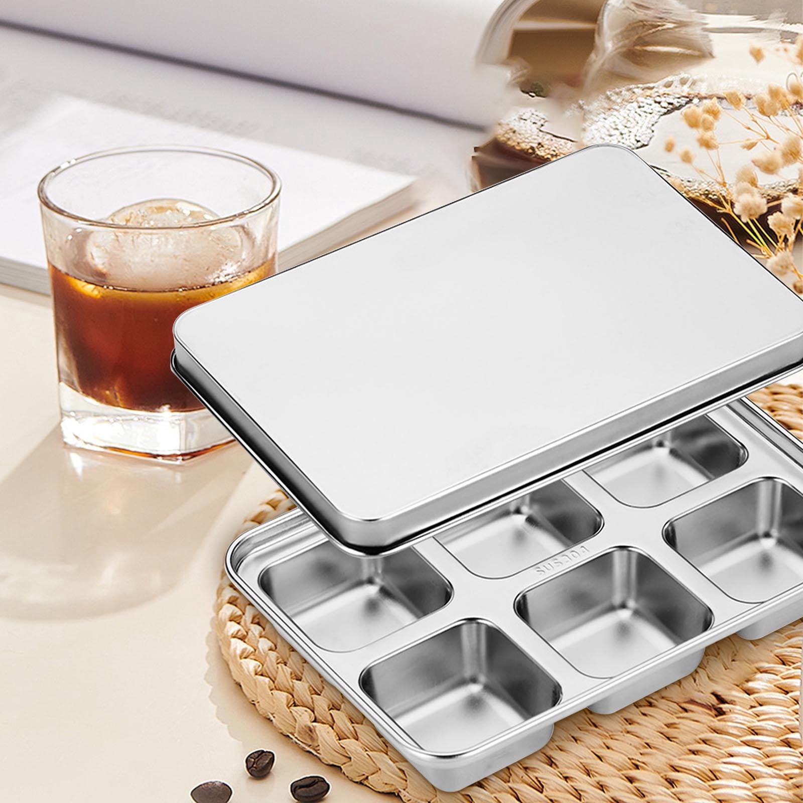 Stainless Steel Tray with Lid, Easy Release Metal Ice Mold for Freezer, 6-Grid Durable Maker for Whiskey Cocktails Beverages Kitchen Home Use