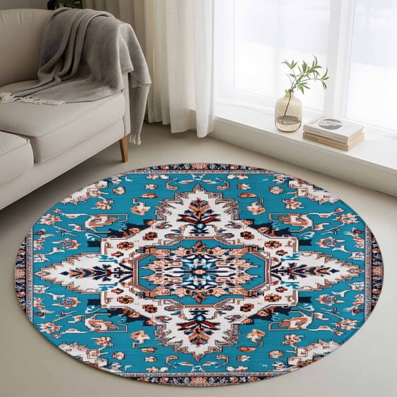 Round Rugs 4Ft, Colorful Boho Round Area Rug Washable Indoor Throw Carpet, Southwest Traditional Flowers Aesthetic Soft Non Slip Circle Rug for Kitchen Nursery Room Home Decor Aesthetic