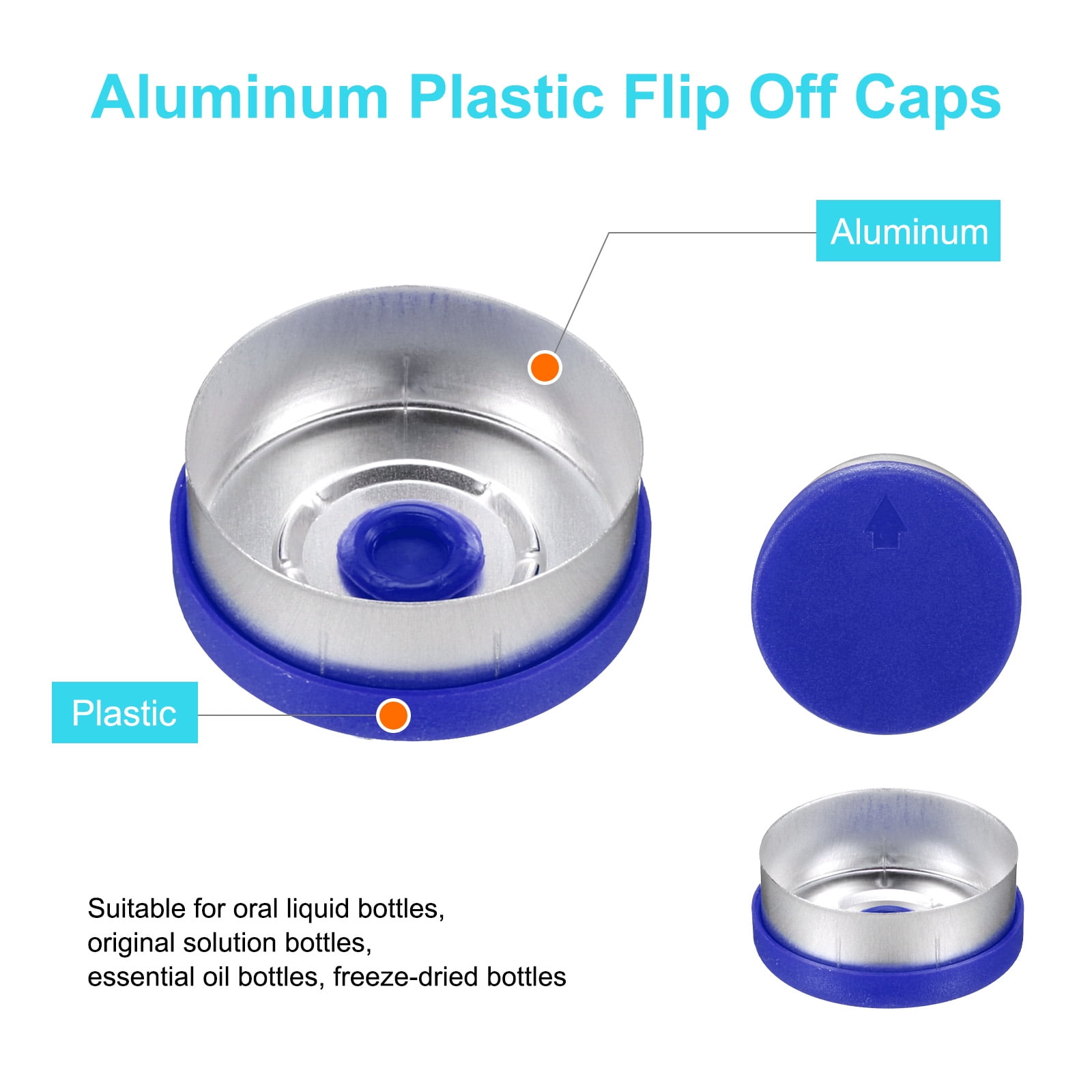 Unique Bargains 200pcs Caps Burr-Free Aluminum Plastic Vial Covers Blue/Silver