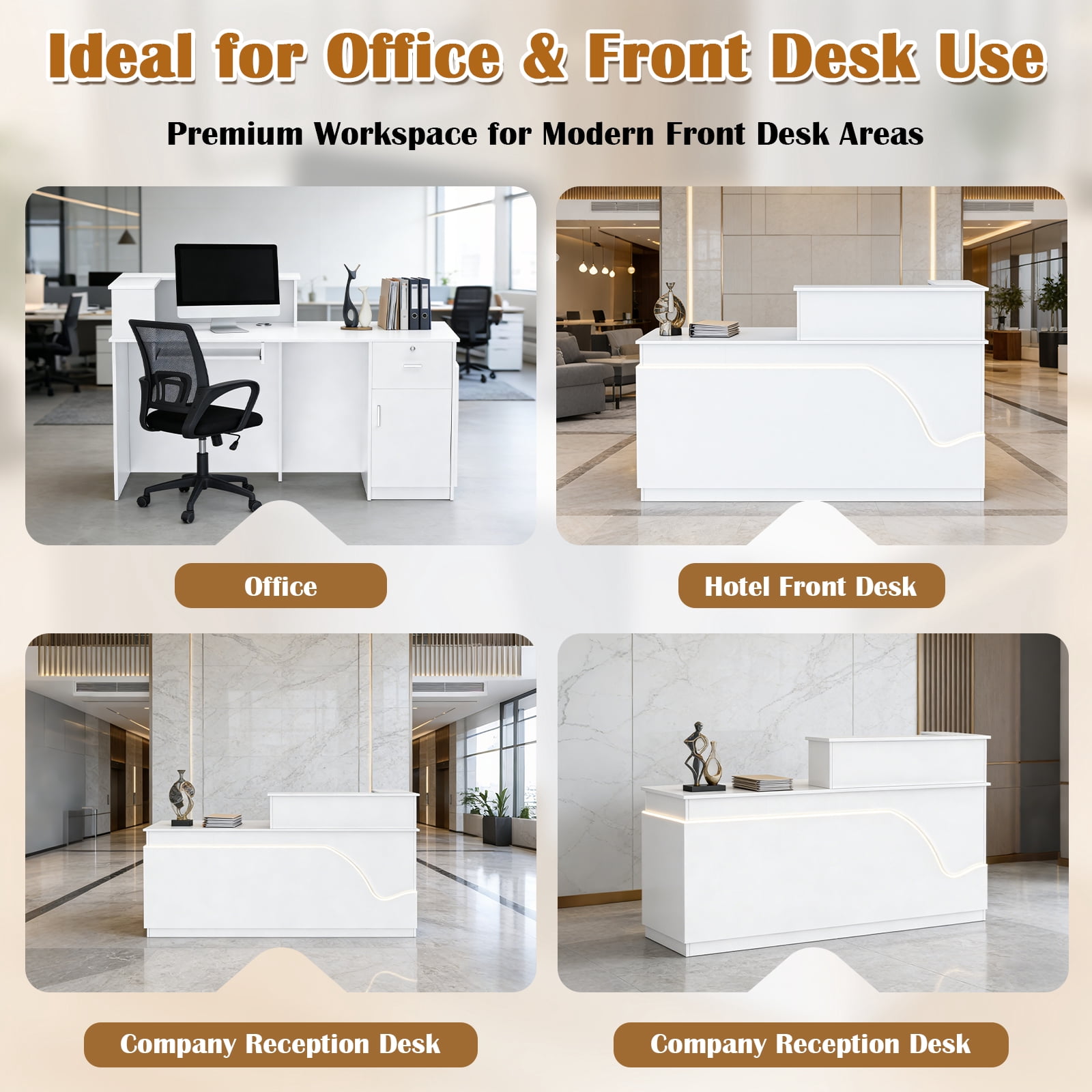 Vakiorn L Shaped Modern Wooden Commercial Reception Desk 63inch with Counter Shelves Drawers Light for Office Home White Left
