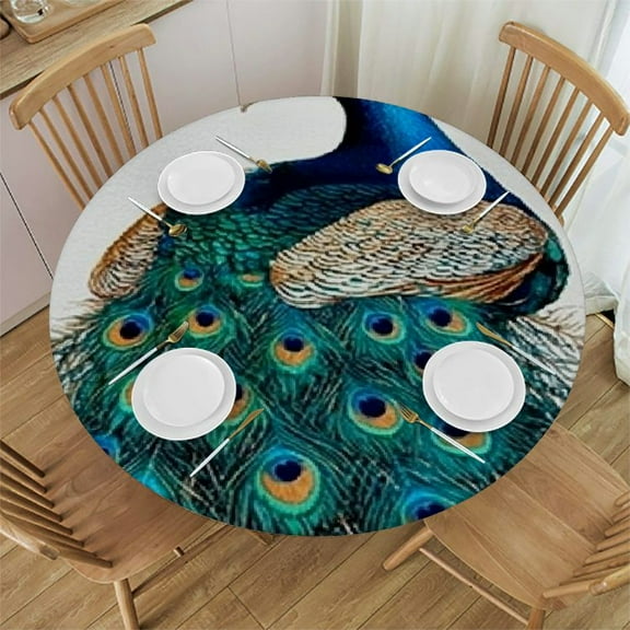 BCIIG Peacock Feathers Round Tablecloth 100% Polyester Fiber Outdoor Fitted Tablecloth Stain-Resistant Washable Ideal for Restaurants, Weddings, Parties 31"-35