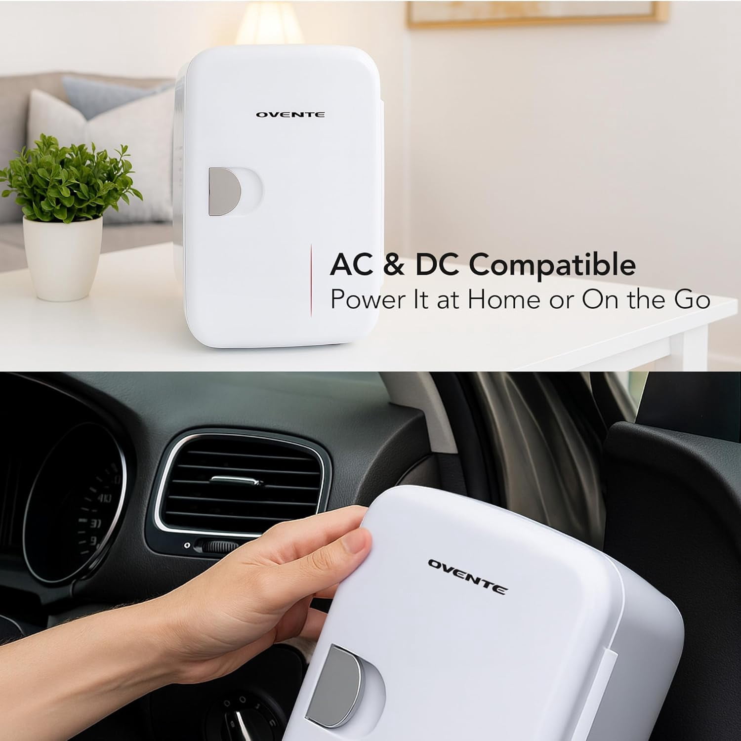 OVENTE Mini Fridge, 4L Capacity Fits 6 Can Beverages, Portable Personal Refrigerator and Small Cooler for Skin Care, Cosmetics or Food, Ideal for Bedroom, Home Office, Dorm and Car, White RF04W