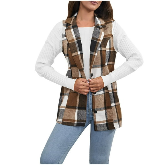 Ashirexll Fleece Vest Women, Womens Winter Coats, Casual Sleeveless Turn Down Collar Plaid Button Outwear Jacket for Women