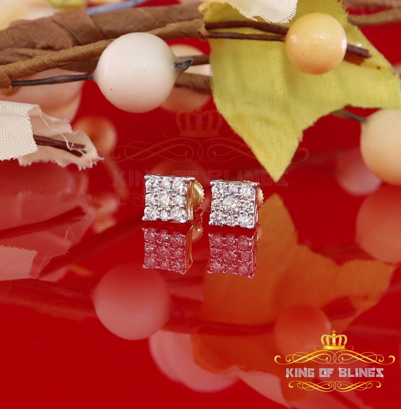 King of Bling's 10K Real Yellow Gold with 0.50CT Real Diamond Men's/Women's Stud Square Earrings