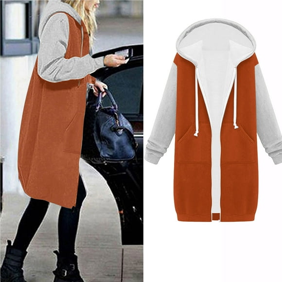 zanvin Clearance Women's Solid Color Jacket Thickening And Fleece And Winter Casual Zipper Long Sleeve Pocket Hooded Long Sweater,Orange,S