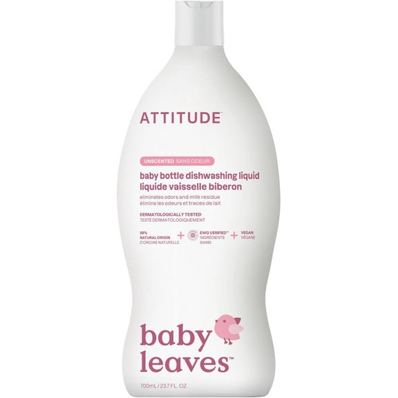 ATTITUDE Baby Dish Soap and Bottle Cleaner, EWG Verified Dishwashing Liquid, No Added Dyes or Fragrances, Tough on Milk Residue and Grease, Vegan, Unscented, 23.7 Fl Oz