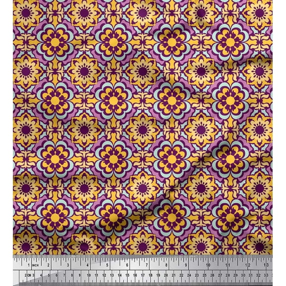 Soimoi Yellow Cotton Voile Fabric Seamless Moroccan Damask Printed Craft Fabric by the Yard 56 Inch Wide