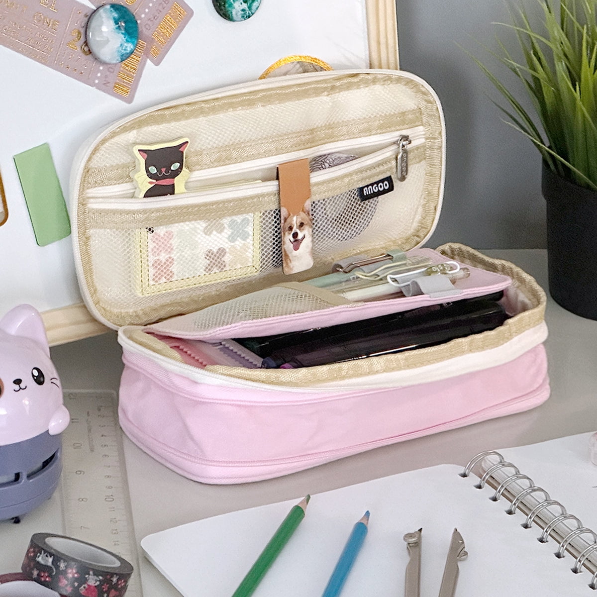allydrew Large Capacity Pencil Case, Expandable Pencil Pouch with 3 Washi Rolls, Pink