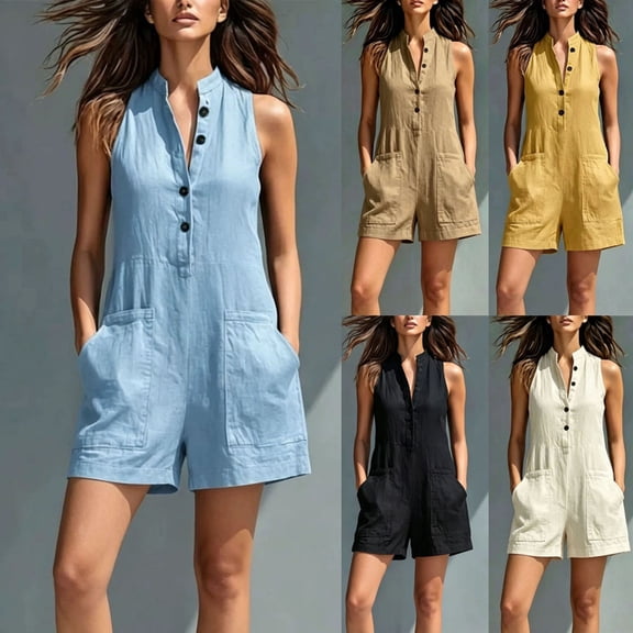 VBVC Women's Sleeveless Henley Button Romper , Summer Casual Vacation Short Jumpsuit For Women , Ladies' Sleeveless Short Overalls with Pockets,Beige,S-3XL