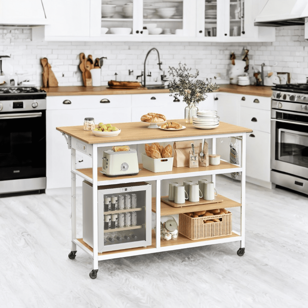 LEDREM Kitchen Island Cart with Extendable Worktop - 47.2" Wide, Power Strip, Adjustable Shelf & Pegboard, Locking Wheels, Golden Oak and White