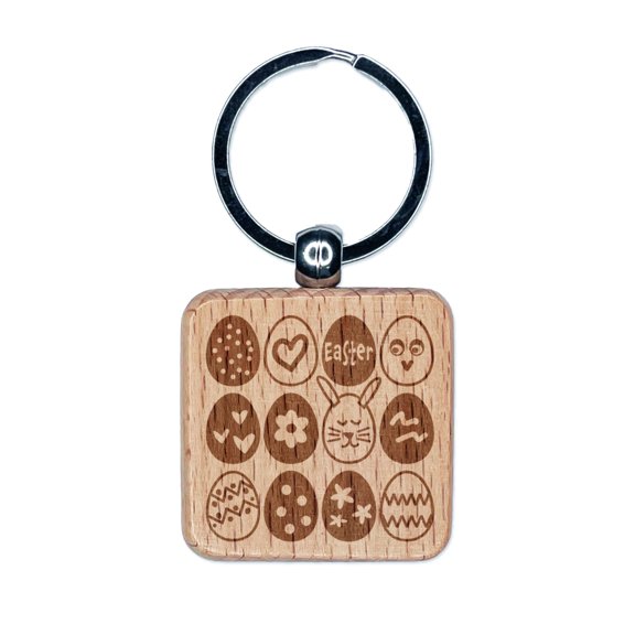Decorated Easter Eggs Fun Square Keychain Charm Tag - Engraved Wood