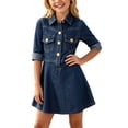 thumbnail image 2 of LEKWK Girls Denim Mini Dress Long Puff Sleeve Front Button Jean Shirt Dress Kids A Line Sundress with Multi Pockets Summer Holiday Casual Daily Wear 1-14Y, 2 of 8