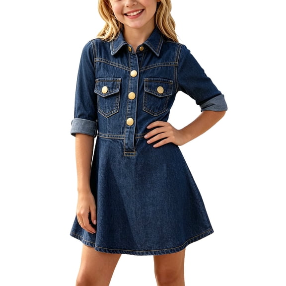 HBGVBA Girl's Button Down Denim Dress Teen Long Sleeve Lapel Jean Shirt Dresses Solid Color Fashion Belt Slim Fitted 1-14 Years