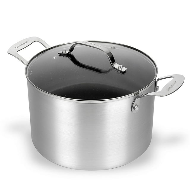 Silver 7 quart Granitestone nonstick stock pot with glass lid and sturdy metal handles, oven and dishwasher safe