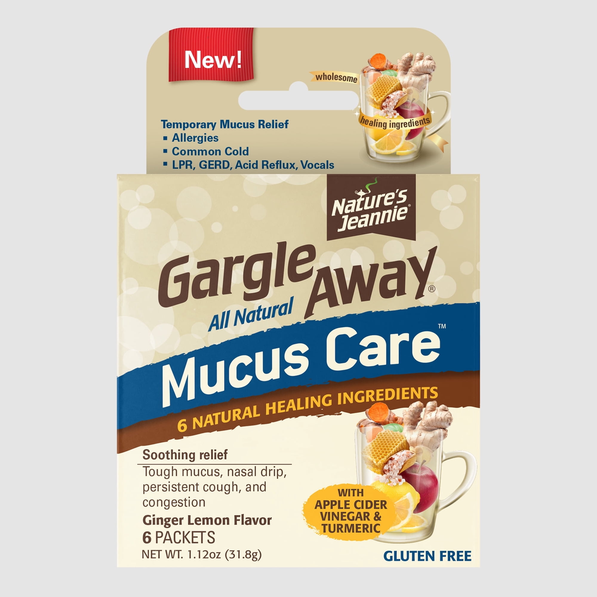 Nature's Jeannie Gargle Away All Natural Mucus Care - Soothing Mucus, Cough and Nasal Drip Relief - 6 Powder Packets - Ginger Lemon Flavor