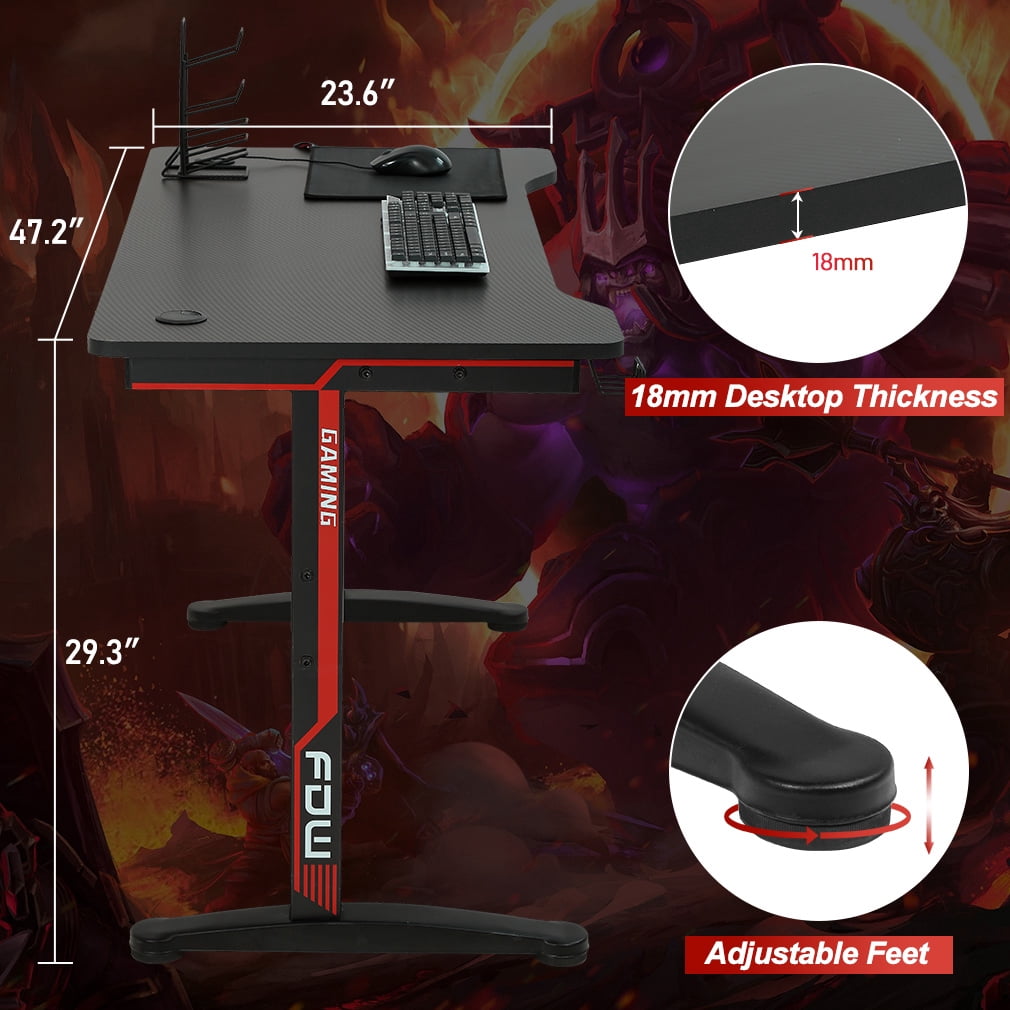 47 Inch Gaming Desk T-Shaped Tabl with Carbon Fiber Surface, Headphone Hook & USB Gaming Handle Rack & Cable Management Hole, Ergonomic Computer Desk for Home Gaming, Office Work, Study, Black