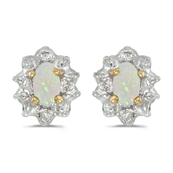 10k Yellow Gold Oval Opal And Diamond Earrings