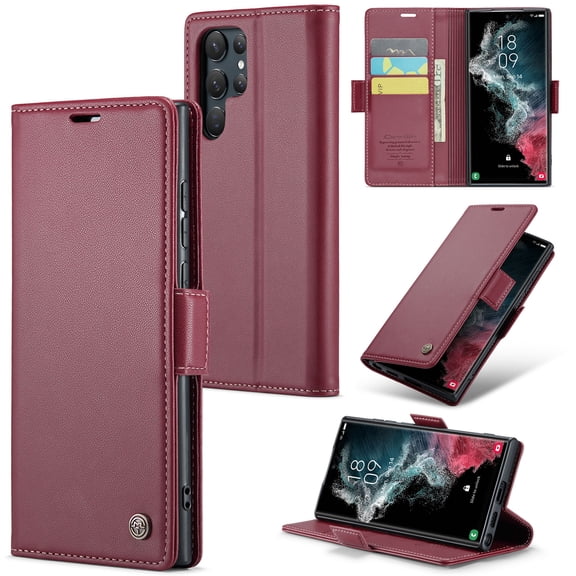 Case for Samsung Galaxy S26 Ultra Wallet Case, Retro PU Leather Flip Case with [RFID Blocking] Card Holder, Magnetic Closure and Stand for Men Women, TPU Shockproof Full Protective Case, Wine