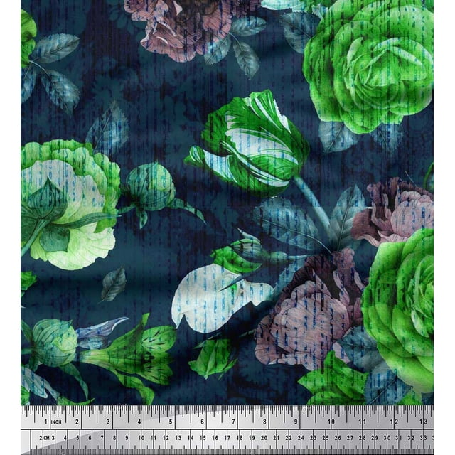 Soimoi Green polyester Crepe Fabric Leaves & Floral Decor Fabric Printed BTY 52 Inch Wide