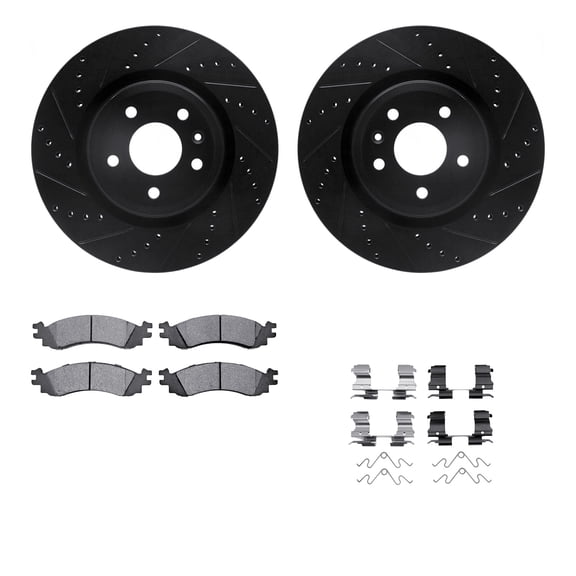 Dynamic Friction Company Front Brake Rotors-Drilled and Slotted-Black with Heavy Duty Brake Pads includes Hardware 8212-54004