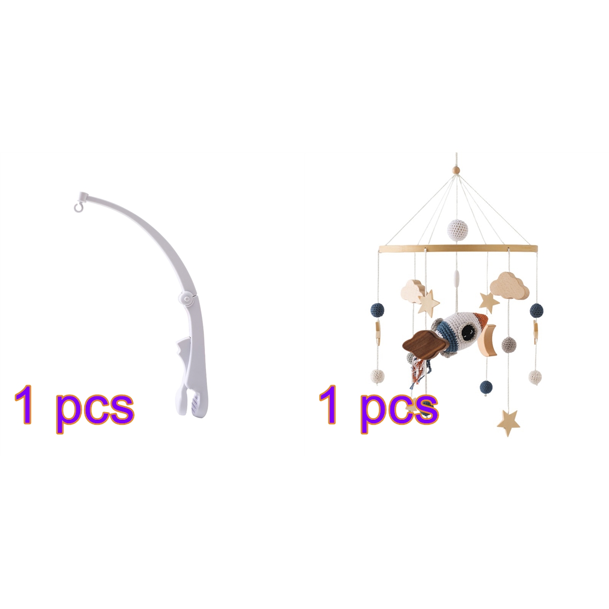 Wooden Baby Crib Mobile with Crochet Rainbow & Rocket Pendants, Rotating Hanging Bed Bell Wind Chime for Newborns