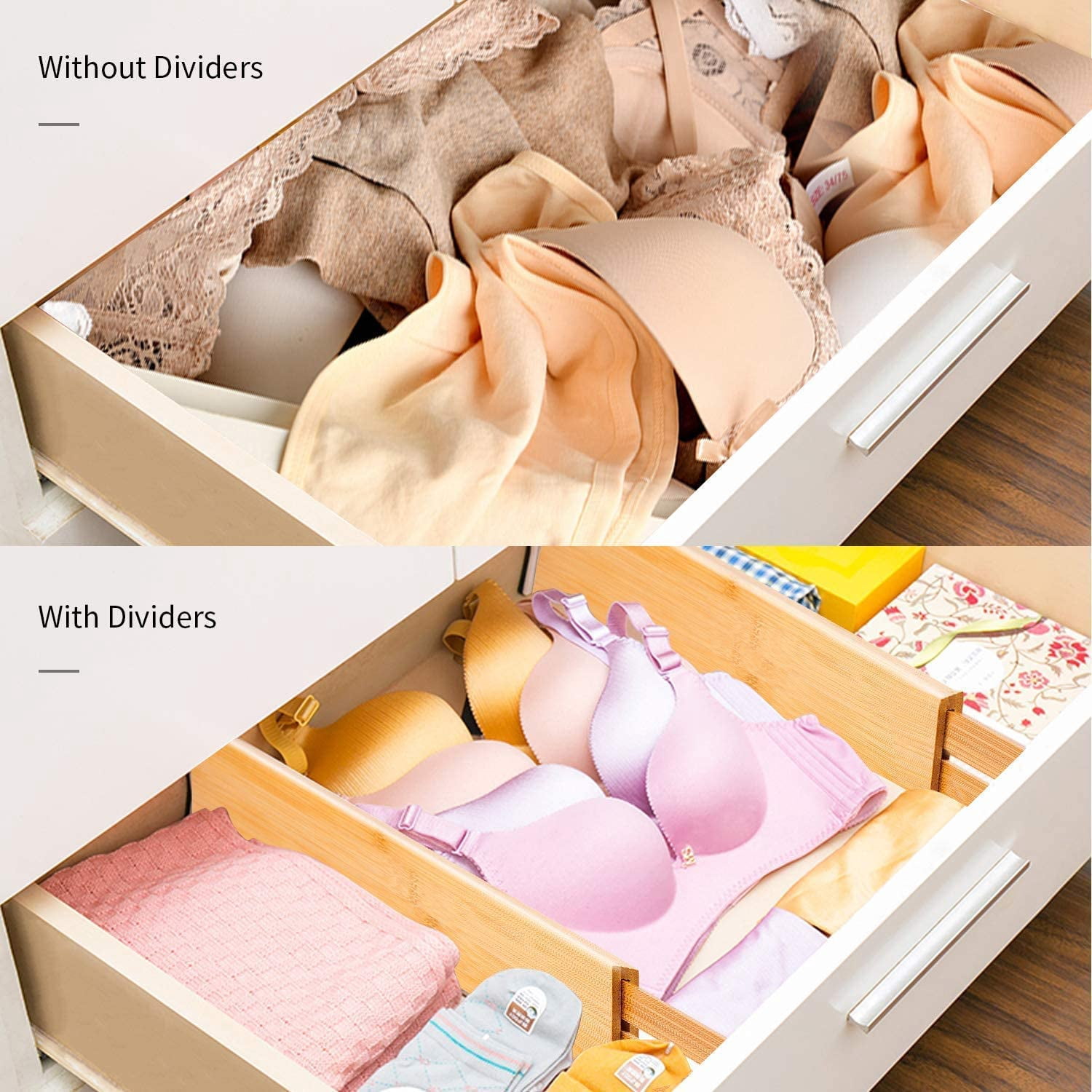 Utoplike 4 Pack Bamboo Kitchen Drawer Dividers(16.8-21.8IN),Adjustable Drawer Organizers,Spring Loaded,Works in Kitchen,Dresser,Bathroom,Bedroom,Baby Drawer,Desk