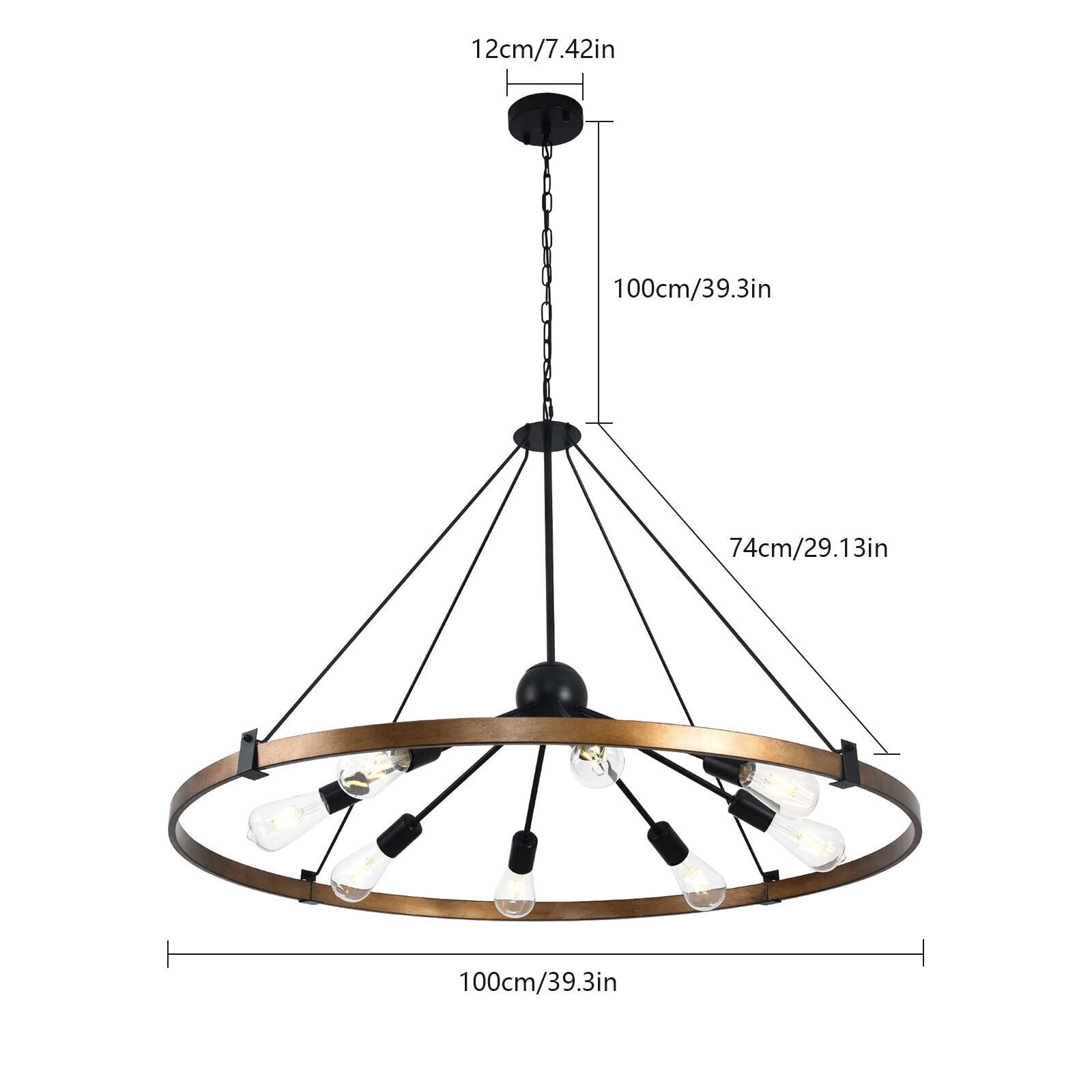 39.3" 8-Light Farmhouse Large Wagon Wheel Chandelier Modern Black Metal Industrial Round Hanging Pendant Light Fixture for Living Room Bedroom Entryway Dining Room