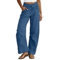 thumbnail image 2 of ClodeEU Women's Linen Elaist Waisted Wide Leg Pants, Casual Breathable Trousers with Pockets Navy,Women's Plus XXXL, 2 of 5