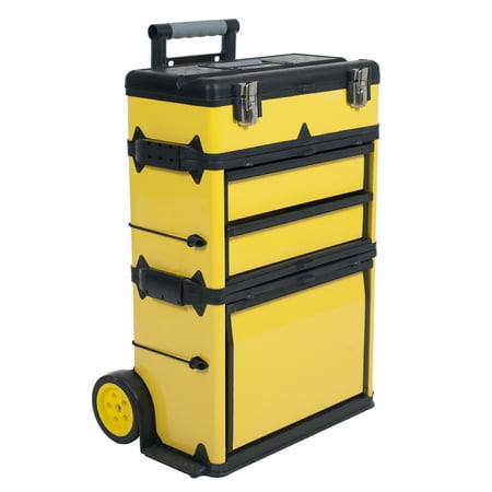 Stackable Toolbox Rolling Mobile Organizer with Telescopic Comfort Grip Handle – Upright Rigid Pack Out Cart with Wheels and Drawers by