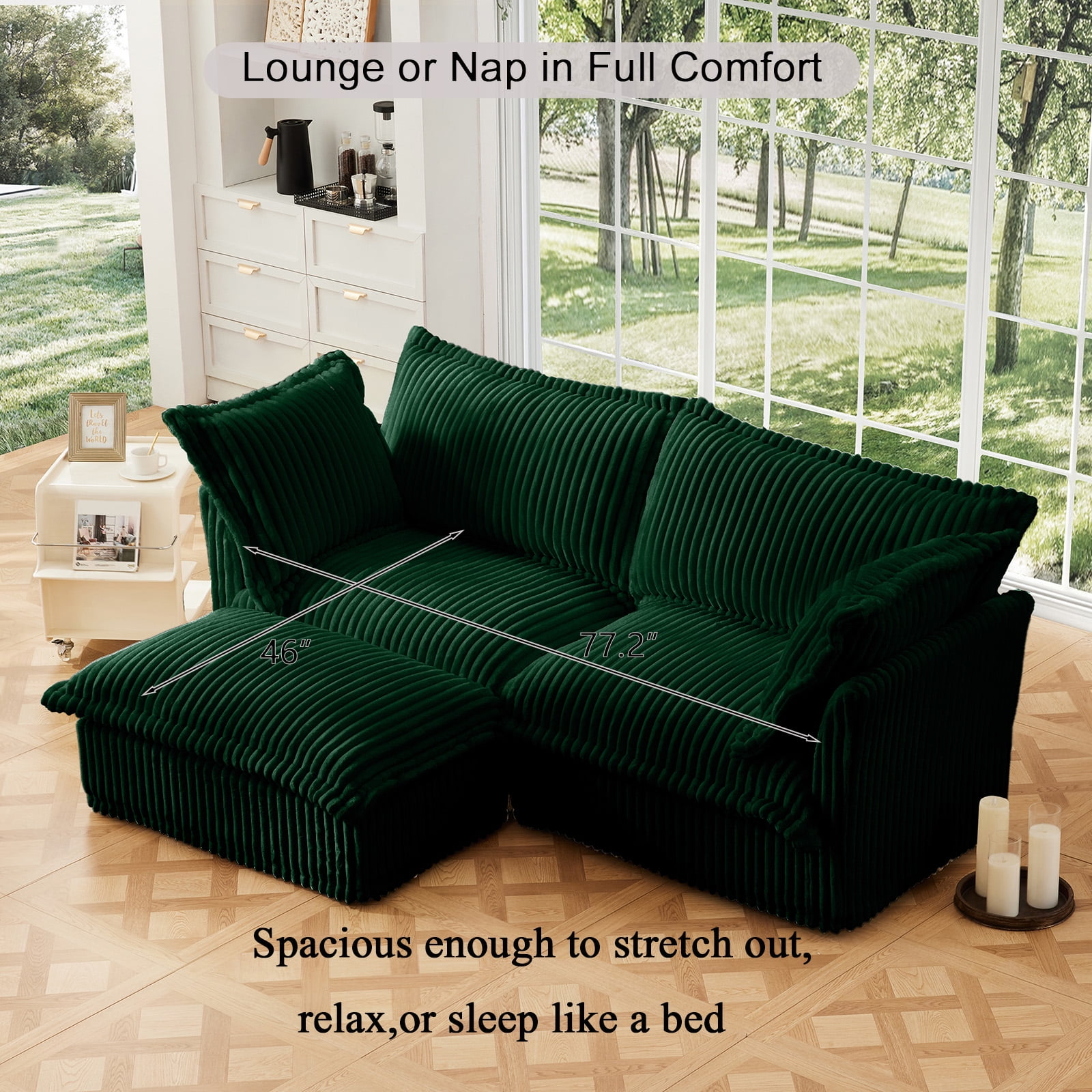 83.4"Corduroy Loveseat Sofa with Ottoman, Oversized 2-Seater Chaise Lounge for Living Room