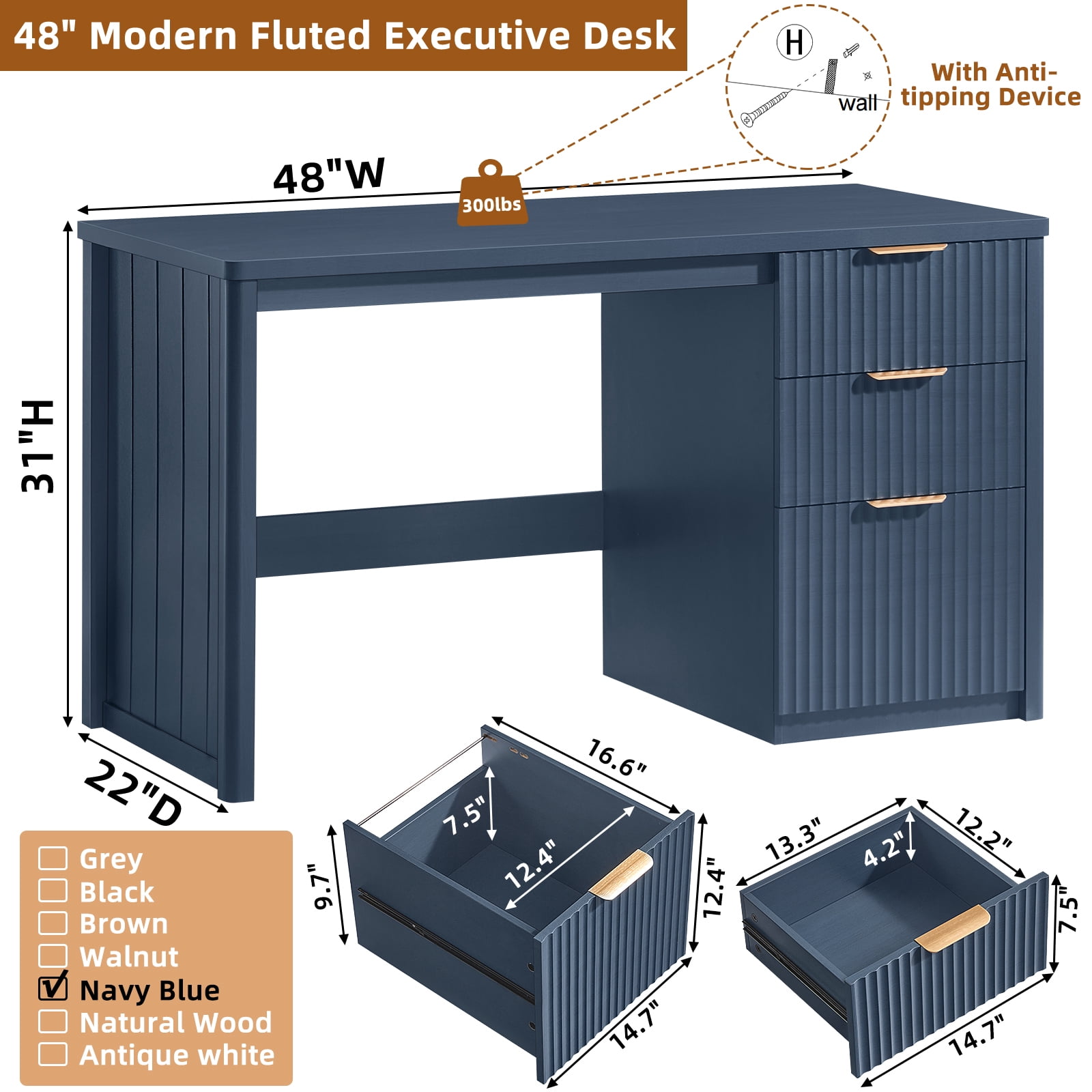 Joaxswe 48" Fluted Executive Desk, Modern Wood Home Office Desk with Storage Cabinet & File Drawer, Writing Study Computer Table for Work Study, Navy