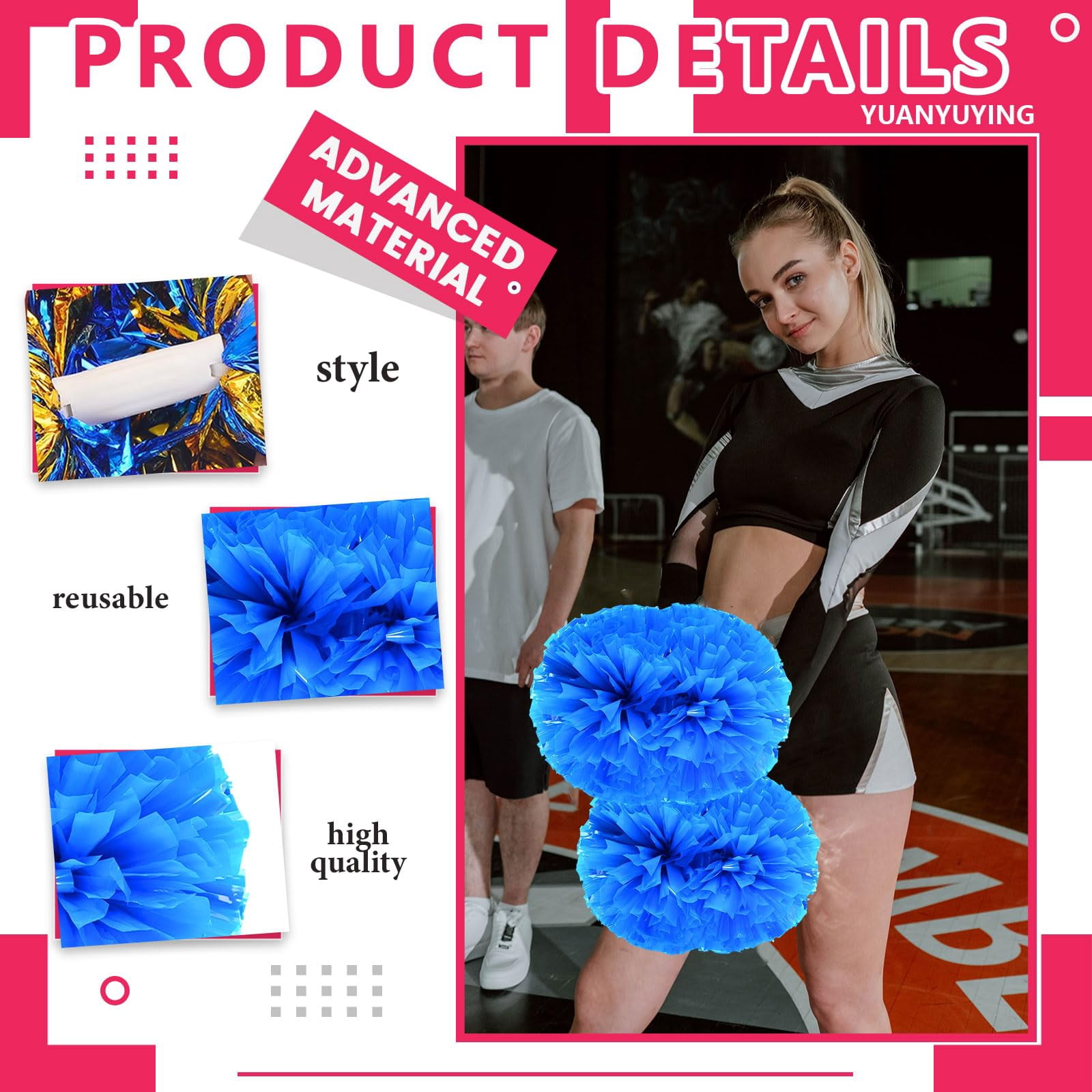 Cheer Pom Poms 8 Pcs with Handle, Cheerleading Handheld Squad Pompoms for Sports Team Cheer Spirit Games Dance Party Adults