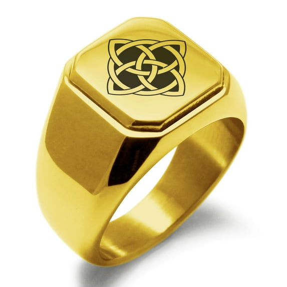 Stainless Steel Celtic Quaternary Cross Knot Engraved Square Flat Top Biker Style Polished Signet Ring