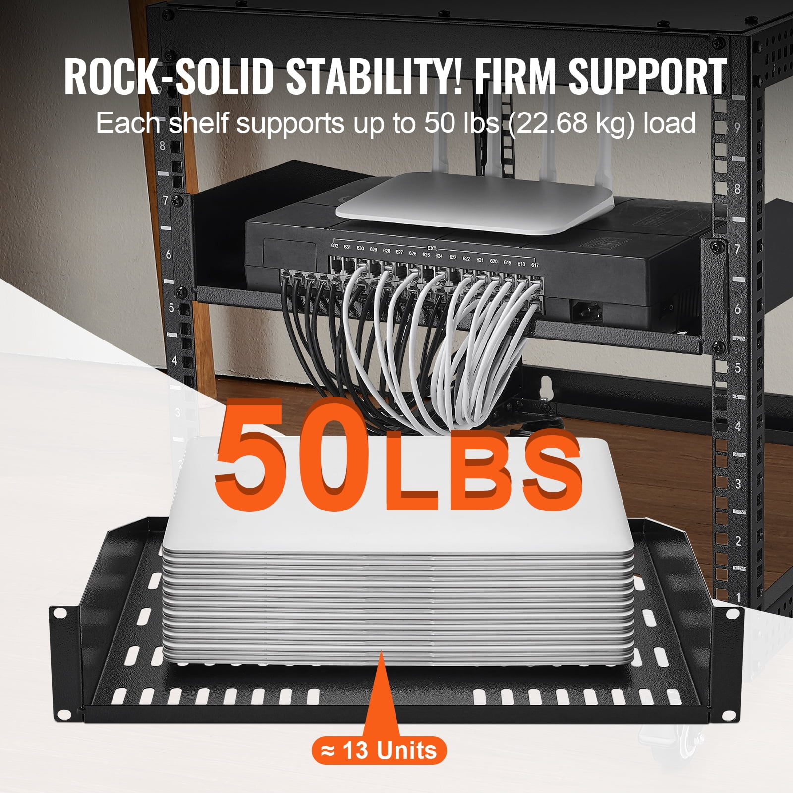 KFFKFF 2U Cantilever Server Shelf, 406mm Deep, Supports up to 22.68kg, Ventilated Design for Enhanced Cooling, Suitable for 19"/482.6mm Data Cabinets