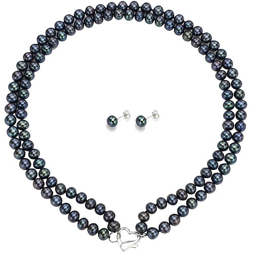 Double Row 7-8mm Black Freshwater Pearl Heart-Shape Sterling Silver Clasp Necklace (18") with Bonus Pearl Stud... by Jacqueline's Collection
